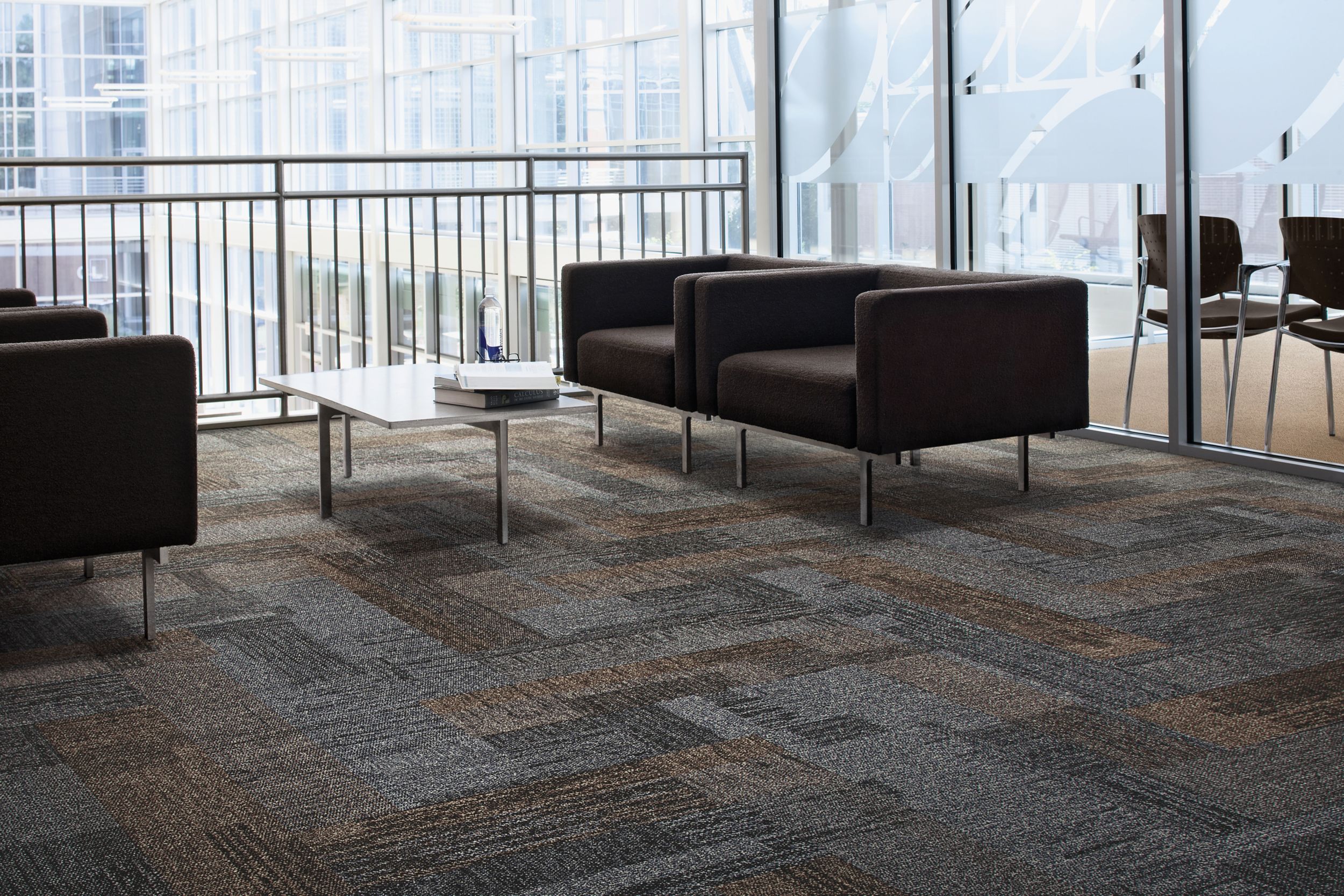 Interface Verticals plank carpet tile in seating area with two couches and glass table image number 3